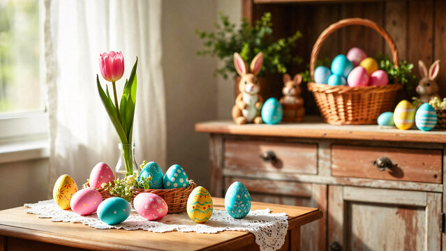 A rustic table displays colorful Easter eggs, bunnies, and tulips in a sunlit room.