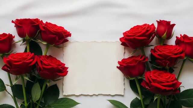 Red roses and blank card for Valentines Day message. Love and romance concept for anniversary greeting or proposal.