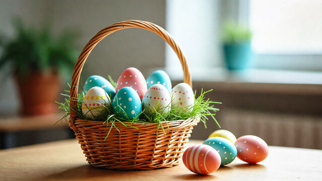 A wicker basket overflows with colorful, decorated Easter eggs. Green grass and a window frame the scene.