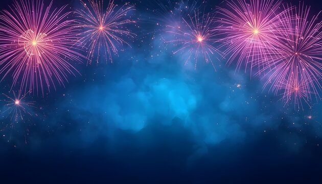 A vibrant display of pink fireworks exploding in a dark blue night sky with smoke and stars