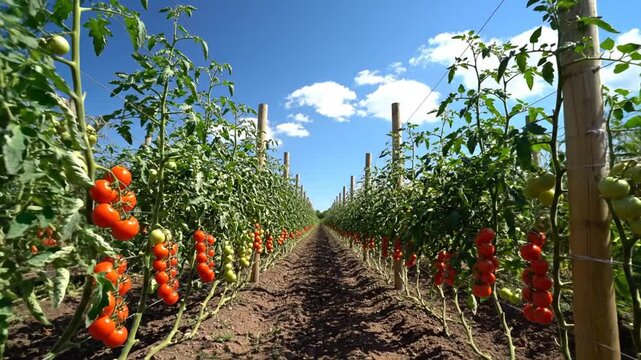Rows of healthy ripening tomatoes growing vertically on stakes under a clear blue sky during a sunny day on an organic farm with rich soil