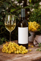 Obraz premium White wine bottle mockup with a glass and yellow grapes on a wooden table, elegant display design