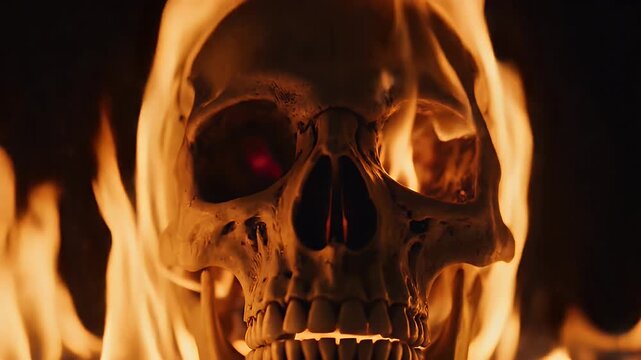 Skull engulfed in flames - A close-up shot of a human skull engulfed in bright orange and yellow flames. The flames lick around the skull's contours, highlighting the eye sockets and teeth.
