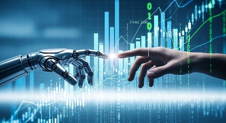 Human hand and robotic arm collaborating over a financial market graph