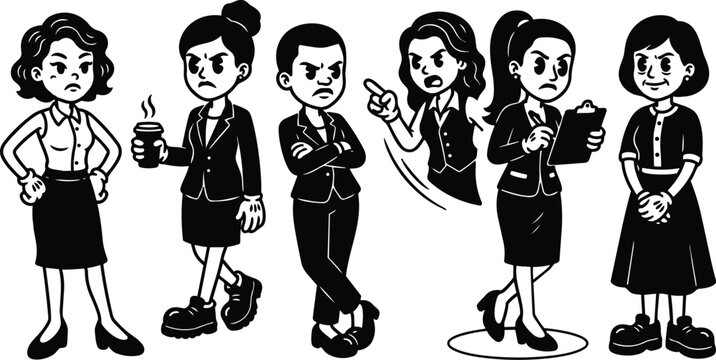 Retro cartoon vector close up lineup of five scowling business women and man gestures pointing clipboard confident office mood angry