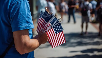 A person holds multiple small American flags in a crowd