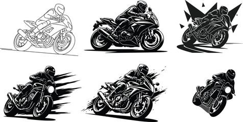 Dynamic sport motorcycle riders vector illustration, high speed racing, leaning turns, bold shading, motion lines, stylized motorbike art, motorsport graphic design © Creative World