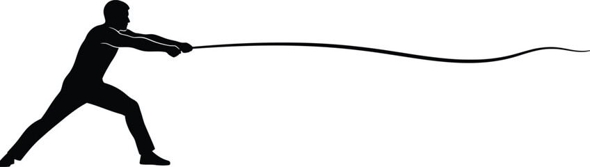 a silhouetted figure is depicted in a dynamic pose seemingly pulling or manipulating a long curving rope against a stark white background