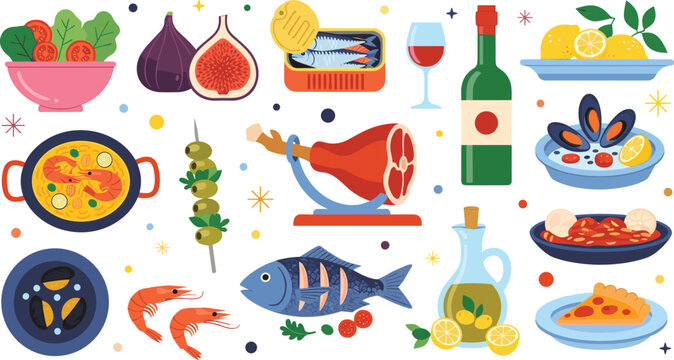 Mediterranean food set with seafood, tapas, wine, olive oil, and jamon, cad drawing flat vector illustration