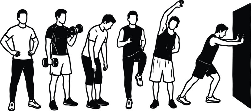 Minimalist line art sequence of male fitness exercises with dumbbell stretching high knee wall push silhouette side view training minimal