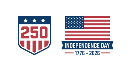American Independence Day celebration emblems with USA flags and 250 years anniversary patriotism symbols