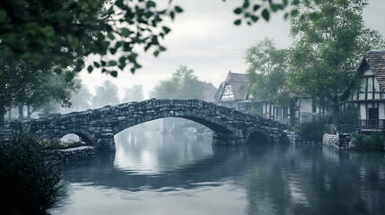 Obraz premium Charming countryside bridge with calm river reflection and green hills high resolution picture