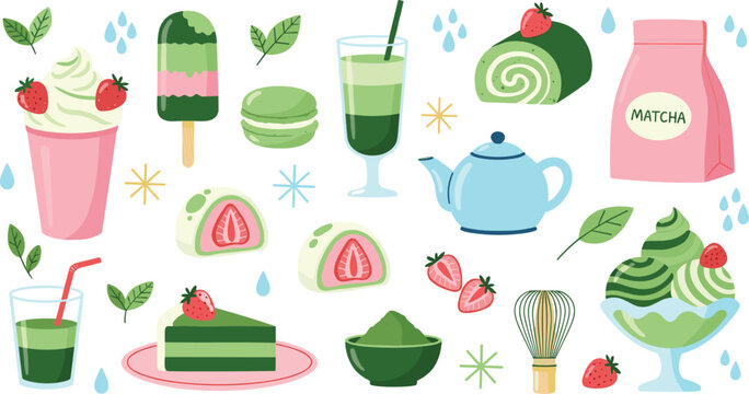 Delicious matcha green tea with fresh strawberry slices and sweet whipped cream in flat vector illustration.
