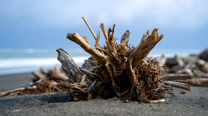 Fototapeta premium Large weathered driftwood stump on a dark sand beach under a cloudy sky. A rustic coastal scene with textured tree roots and ocean waves in a blurred background.
