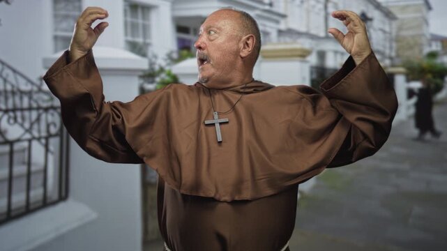 Man in brown robe raises hands with visible cross necklace on residential street; surprise contemplation.