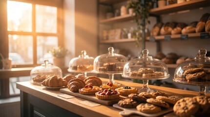 Fototapeta premium Pastries and cookies sit on display in a bakery as sunlight filters through the window in the afternoon