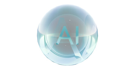 Bubble AI. 3D render of glossy translucent sphere with AI letters in light blue. Futuristic high-tech design on transparent background, symbolizing artificial intelligence and digital innovation, png