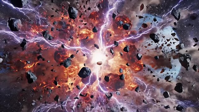 Asteroid Field Explosion Near Planet - This video shows a large explosion amidst a dense asteroid field, with a blue planet visible in the background.