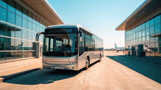 A bus waits in front of airport terminals under clear blue skies. Passengers may board for flights nearby
