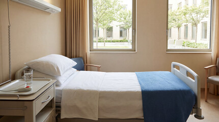 Obraz premium An empty patient room in a hospital with two large windows.