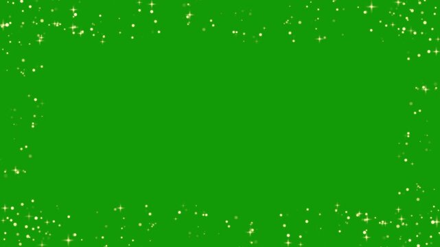 Gold glitter sparkle stars and particles frame on green screen background. Glowing golden dust particles border animation. Luxury mockup from shimmer sparkle stars. Shiny template backdrop. 4K Loop