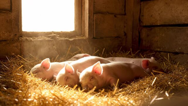Peaceful Piglets Napping in Warm Sunlight on Golden Straw in a Rustic Barn