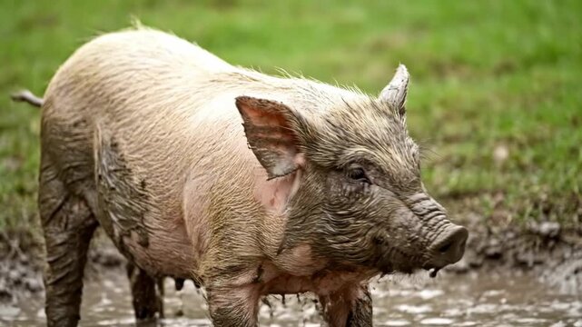 Happy Muddy Piglet Splashing and Playing in a Green Field