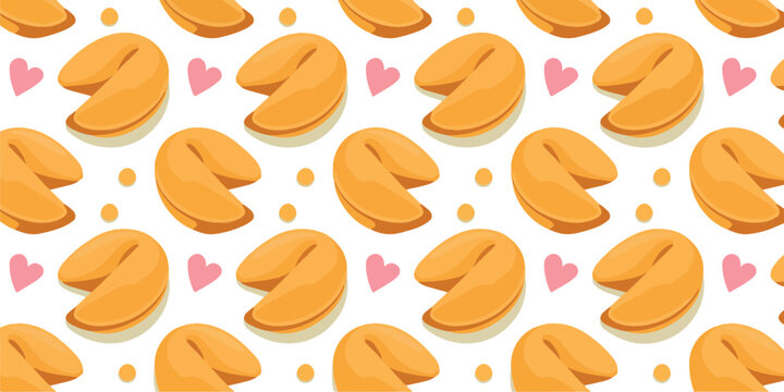 Cute Fortune Cookie Outline Pattern  Hearts and Dots Seamless Background