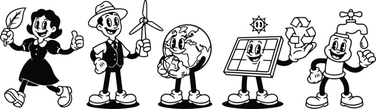 Vintage rubber hose style row of environmental mascots walking with eco icons smiling at viewer in black and white lineart