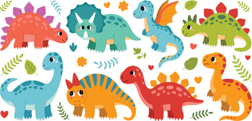 Obraz premium Cute Dinosaur Outline Character Set Smiling Baby Dinos with Plants