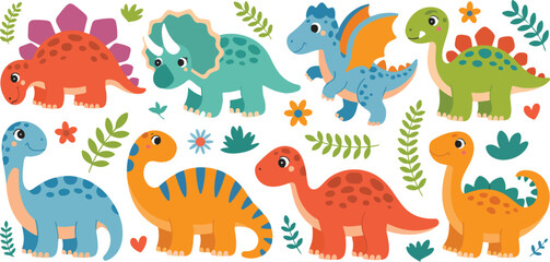 Naklejka premium Cute Dinosaur Outline Character Set Smiling Baby Dinos with Plants