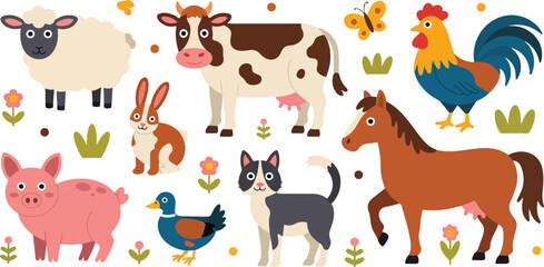 Cute Farm Animals Outline Character Set  Cow, Pig, Horse, Sheep and Birds
