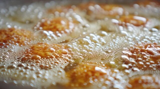 Close-up of golden food frying in bubbling hot oil.