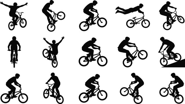 BMX rider silhouettes set, freestyle bicycle stunt collection, extreme sports action poses, cycling tricks vector illustration isolated on white