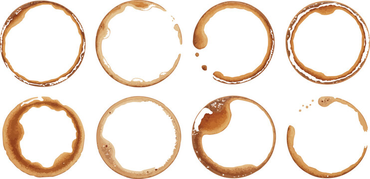 Coffee stain circles and brown ring splatters on transparent background for cafe menu and restaurant branding