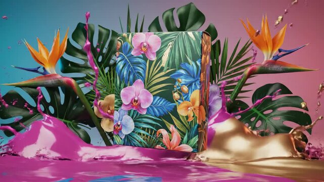 Tropical floral pattern box surrounded by pink and blue melting paint splashes.
