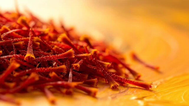 Close-up of vibrant red Saffron threads on golden surface, culinary spice.
