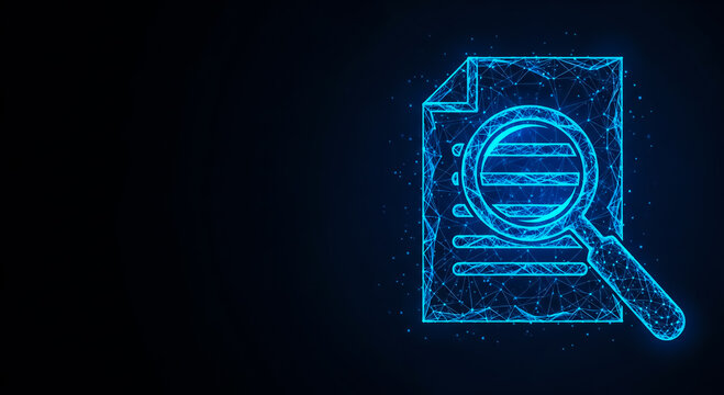 Futuristic 3D illustration of a magnifying glass examining a secure server, symbolizing data analysis, cybersecurity, and digital investigation.
