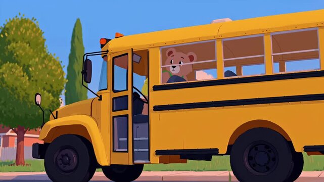 Backpack Teddy bear walking into yellow school bus, Student Bus Transportation Plush Toy Childhood Education Trip Cartoon