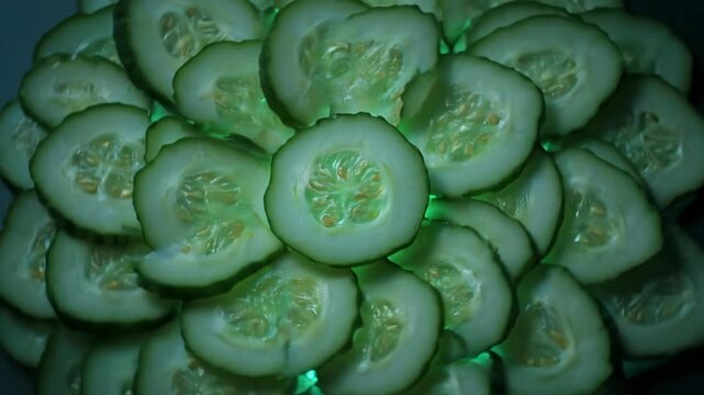 Green Cucumber slices arranged food ingredient healthy fresh vegetable pile.