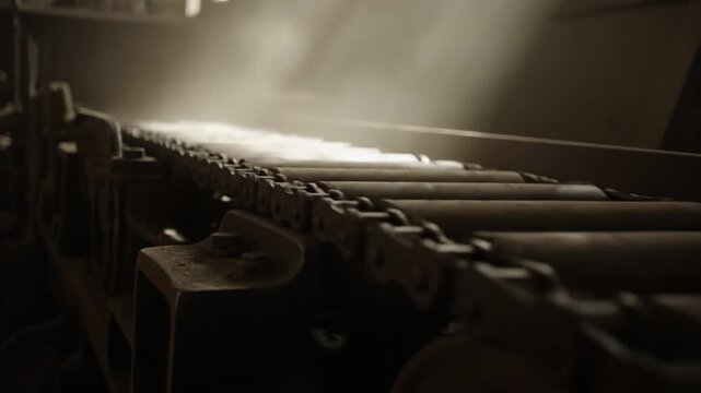 Industrial Conveyor Belt with Chain and Rollers in Dusty Factory, Illuminated by Dramatic Light