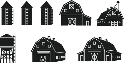 Farm buildings silhouettes collection, barns silos and water tower icons, rural agriculture illustration, countryside structures, vector design, isolated on white background © Shirina