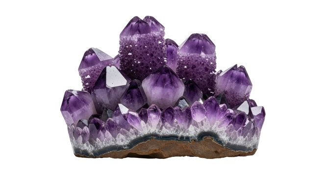 Amethyst crystal cluster isolated on transparent background, purple gemstone mineral specimen for geology and spiritual healing