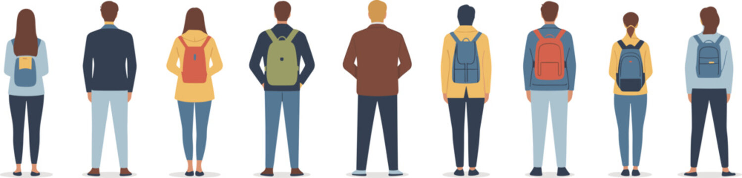 Students rear view, people with backpacks, school college characters, casual outfit standing, education lifestyle concept, youth back view illustration