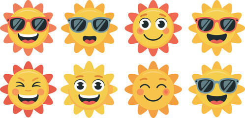 Fototapeta premium Cute Smiling Sun Emoji Vector Set Cartoon Summer Sunshine Faces