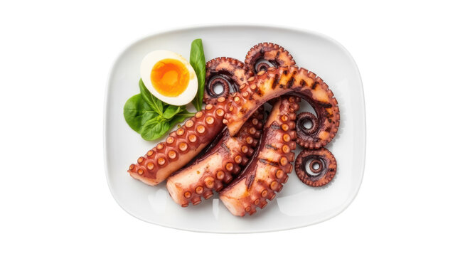 Grilled octopus tentacles with boiled egg and spinach isolated on transparent PNG, seafood dish for restaurant menu