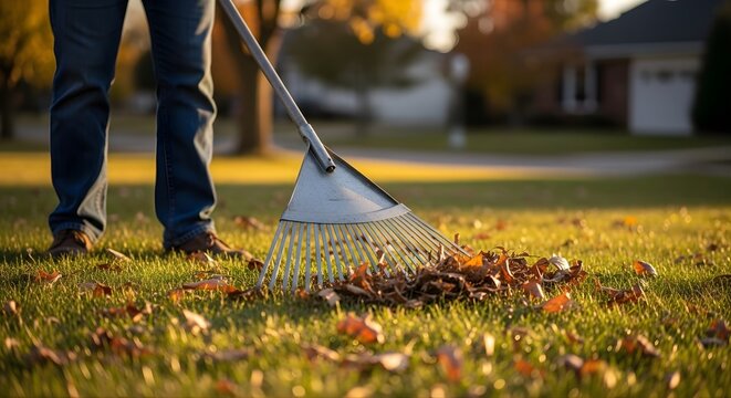 Person raking leaves on grassy lawn in autumn with house background