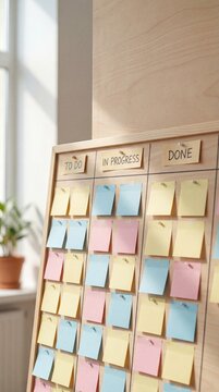 Blank kanban board sticky notes in columns, vertical project planning 