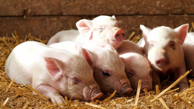 Cute Pink Piglets Resting and Stirring on Golden Straw in a Cozy Farm Pen