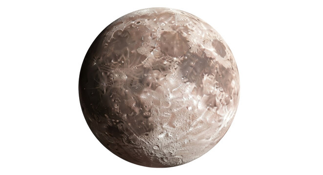 Icy moon isolated PNG, planetary satellite with craters and rough surface, celestial body on transparent background for space exploration